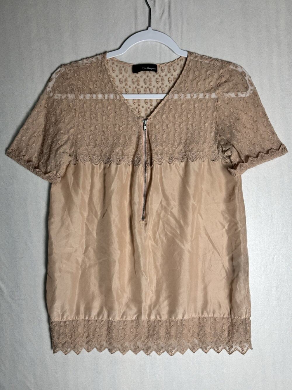 The Kooples Womens Silk Lace Blouse Rose Gold Romantic Parisian Chic Top Medium